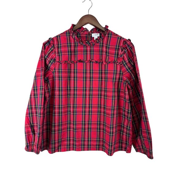 J.Crew Women's Blouse Tartan Cotton Ruffle Poplin Red Back Keyhole Size Small - Picture 1 of 8